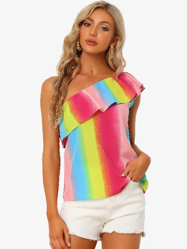 Sleeveless Rainbow One Shoulder Ruffle Trim Summer Blouse Top