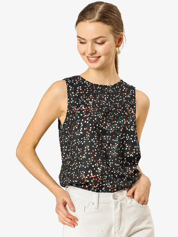 Casual Crew Neck Sleeveless Bow Back Polka Dot Blouse