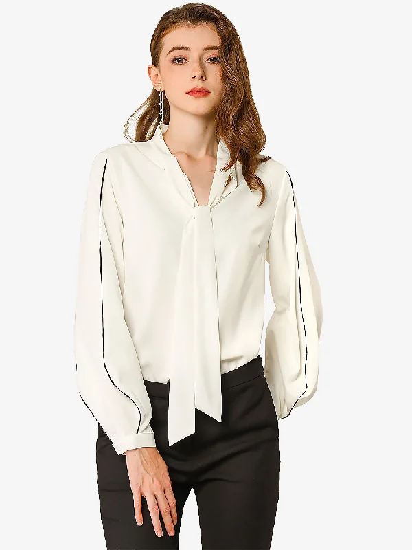 Long Ballon Sleeve Tie V Neck Contrast Color Piped Loose Blouse