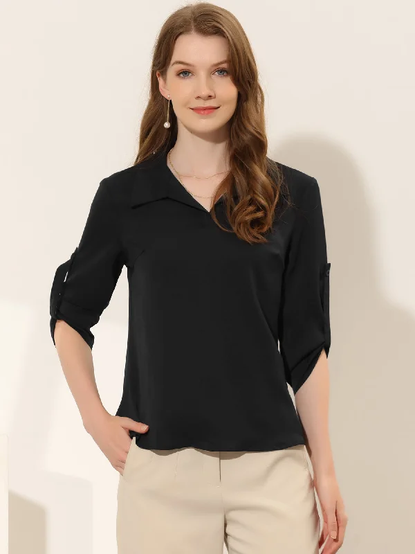 Work Lapel Collar V Neck Roll Up Long Sleeve Shirt Blouse