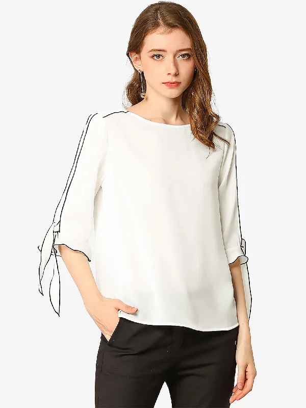 Office Blouse Ruffle Elbow Tie Sleeve Round Neck Elegant Top