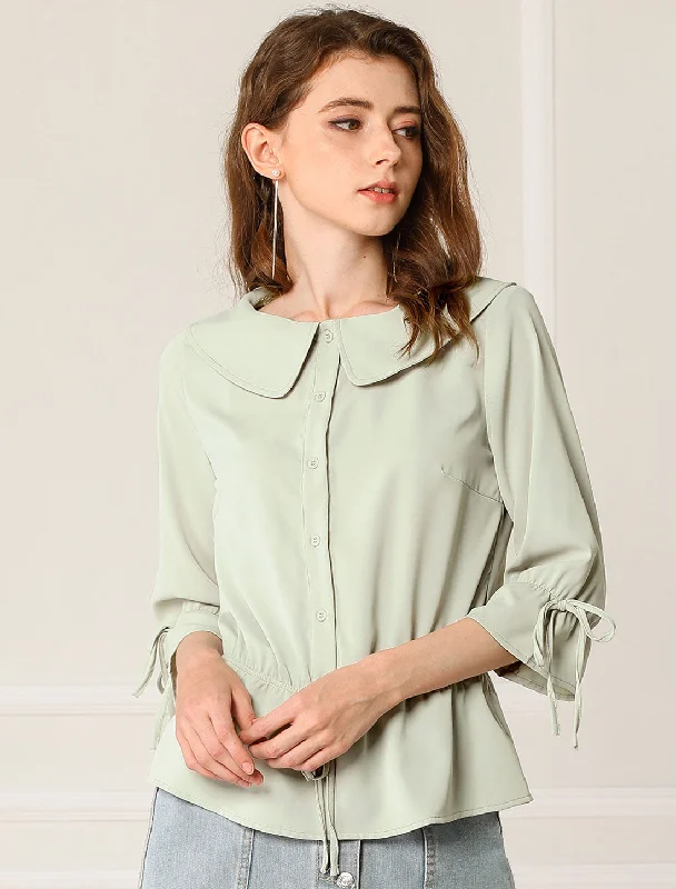 Button Down Shirt 3/4 Sleeve Ruffle Summer Peplum Top Blouse