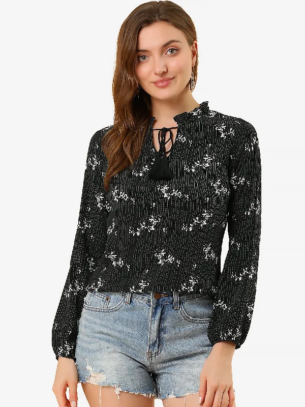 Peasant Blouse Boho Tassel Self Tie Neck Long Sleeve Floral Shirt