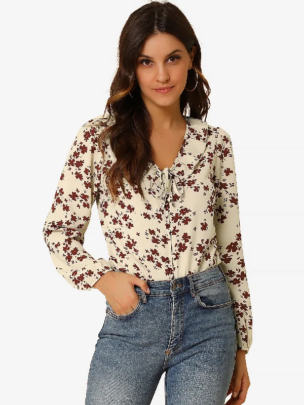 Vintage Tie V Neck Ruffle Shirt Fall Floral Long Sleeve Blouse