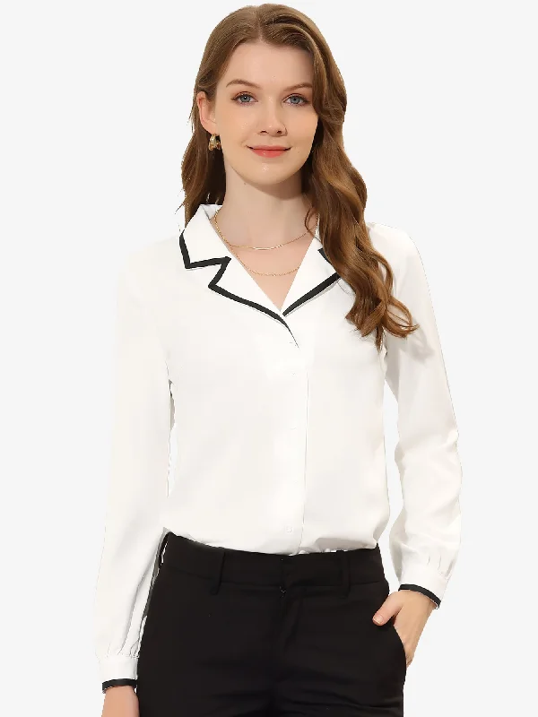 Work Blouse Long Sleeve Contrast Color Button Up Top