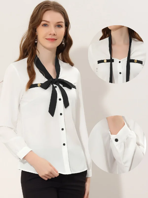 Office Shirt Contrast Bow Tie Neck Button Up Long Sleeve Blouse