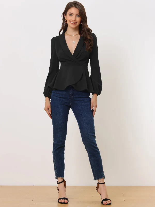 Peplum Long Lantern Sleeve Elegant Wrap V Neck Office Blouse