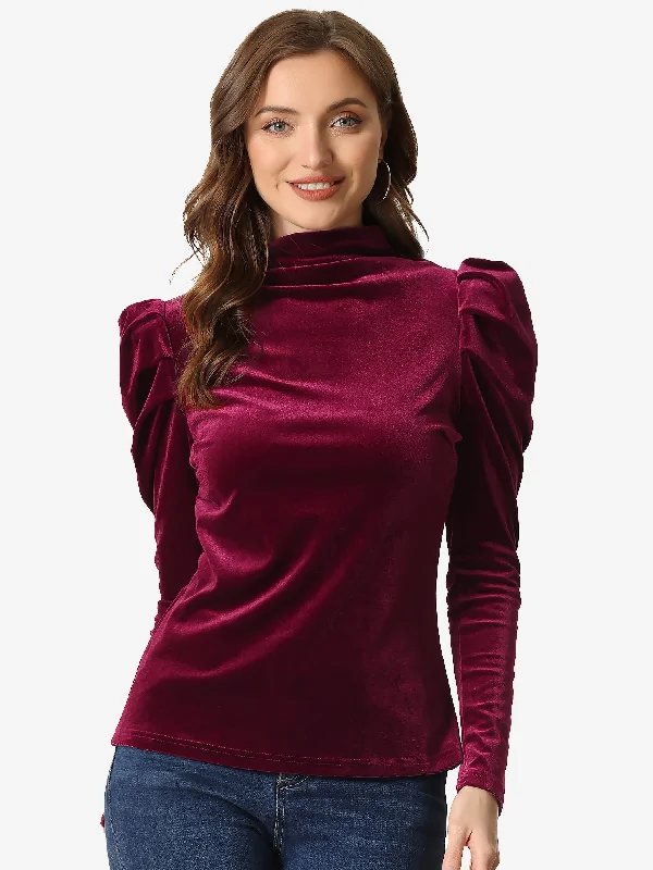 Velvet Blouse Puff Long Sleeve Turtleneck Elegant Velour Top