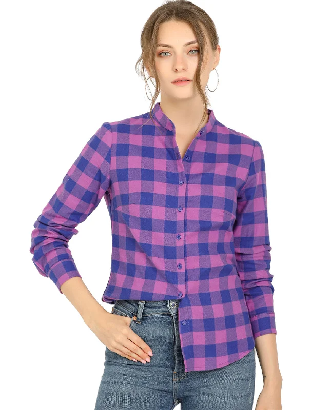 Plaid Stand Collare Color Block Cotton Blouse Button Down Shirt