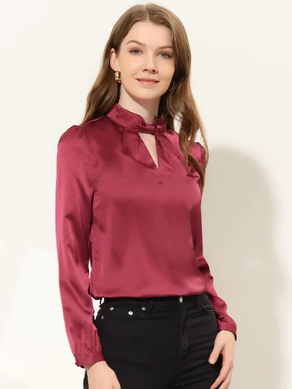 Office Shirt Keyhole Elegant Mock Neck Long Sleeve Satin Blouse