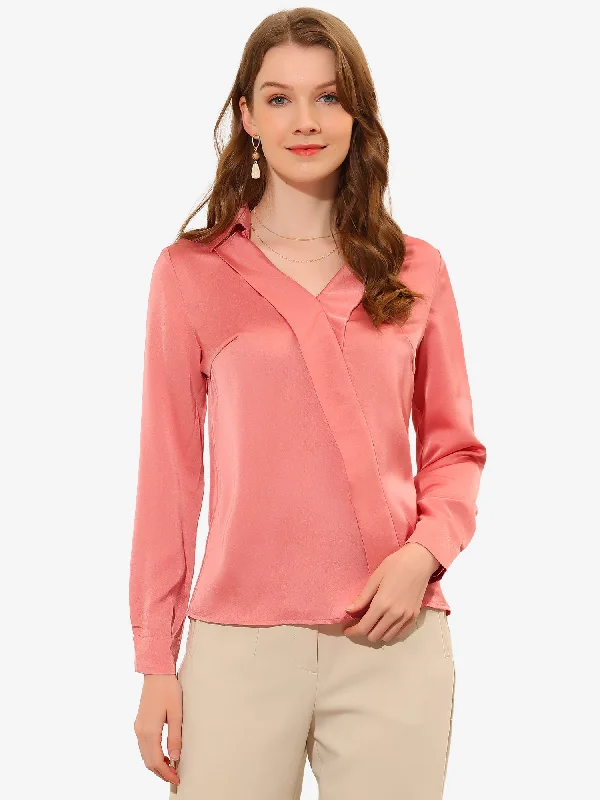 Work Office Blouse Elegant Collared Y Neck Satin Top