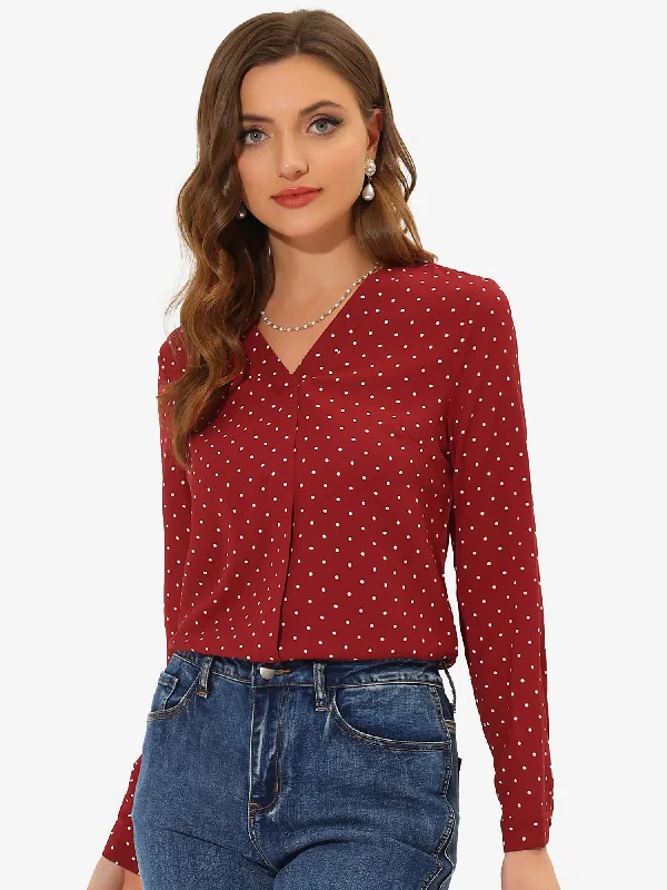 Work Tops V Neck Elegant Long Sleeve Polka Dots Blouse