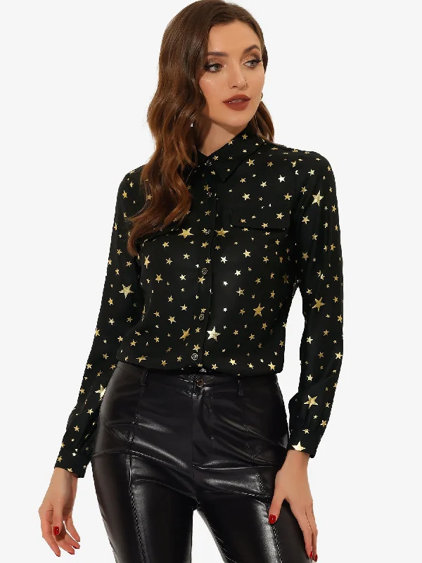 Vintage Shirt Metallic Stars Gilding Shiny Long Sleeve Blouse