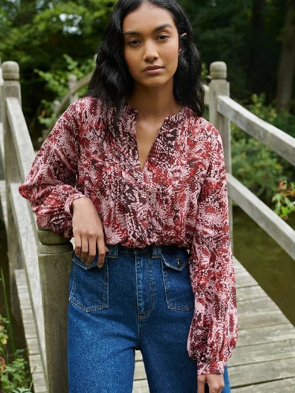 Pink Snake Print Pintuck Blouse