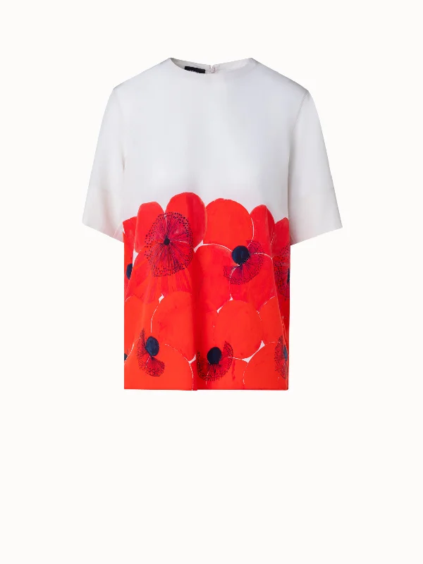 Silk T-Shirt Blouse with Poppy Print