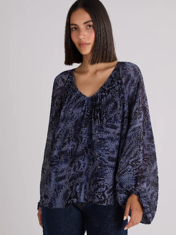 Voluminous Navy Snake Blouson Sleeve Blouse