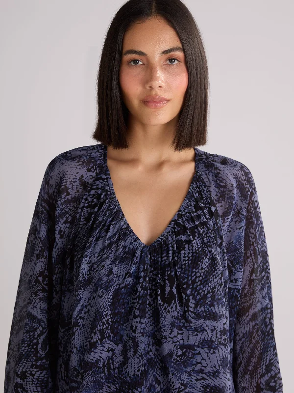 Voluminous Navy Snake Blouson Sleeve Blouse