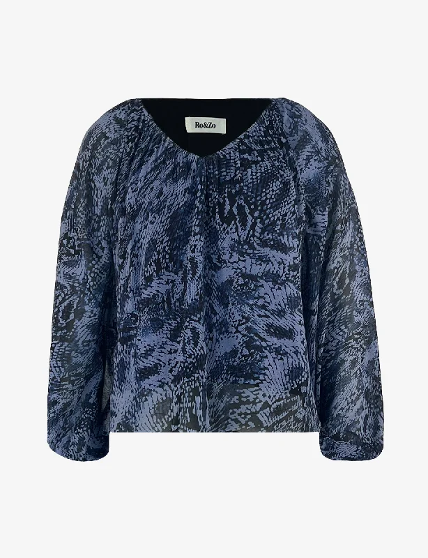 Voluminous Navy Snake Blouson Sleeve Blouse