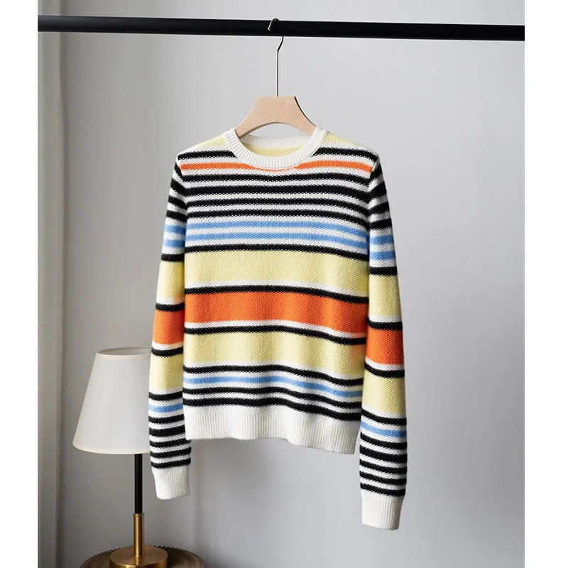 100%Cashmere Knitted Sweaters 2022 Autumn Winter Tops Women Striped Patterns Knitting Long Sleeve Casual Orange Blue Jumpers