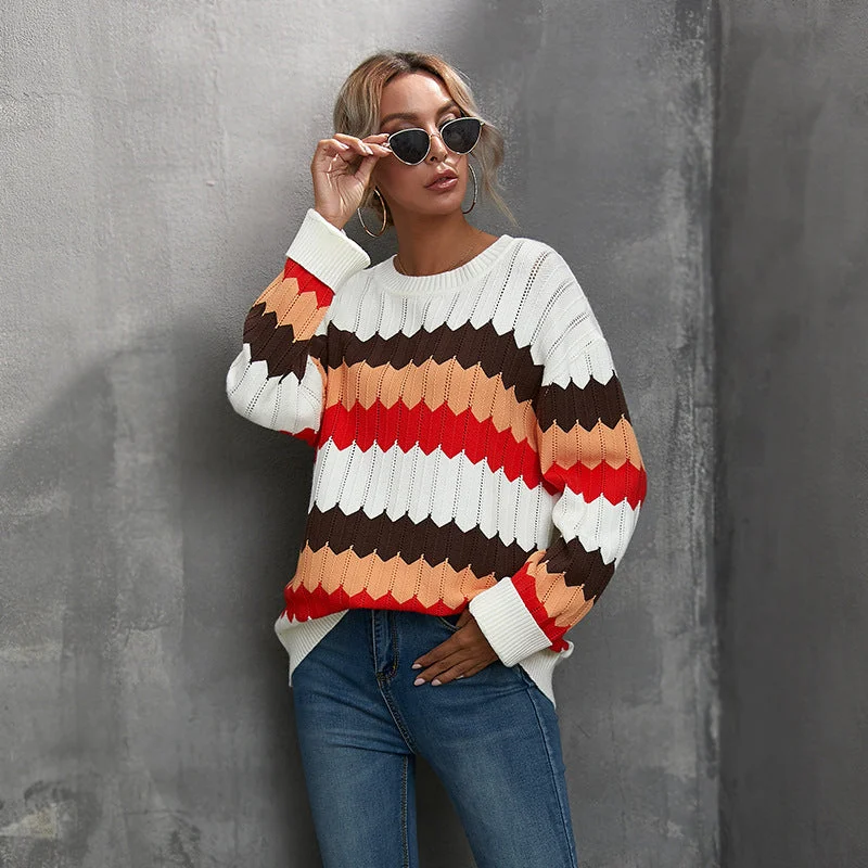 2022 Autumn And Winter New Women's Clothing Color Matching Sweater Wave Striped Pullover