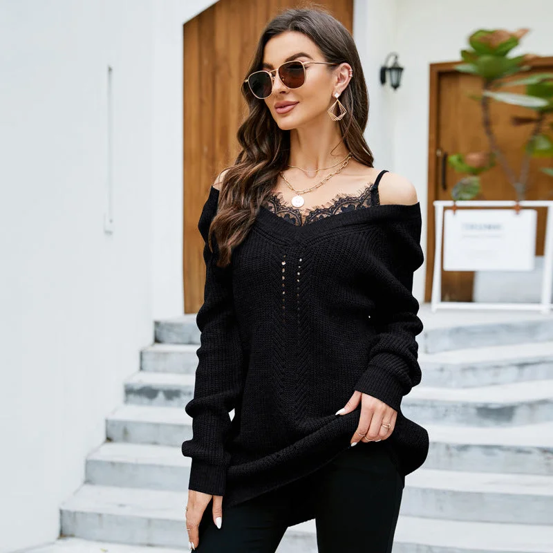 2022 Long-Sleeved Top Strapless Sexy V-Neck Sweater Lace Stitching Mid-Length Pullover