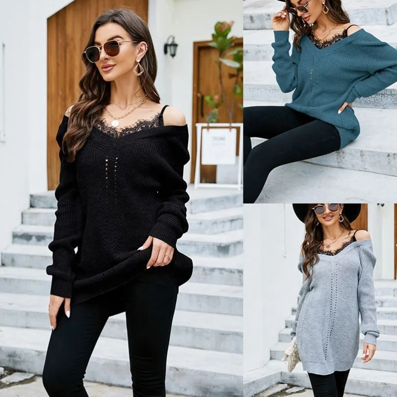 2022 Long-Sleeved Top Strapless Sexy V-Neck Sweater Lace Stitching Mid-Length Pullover