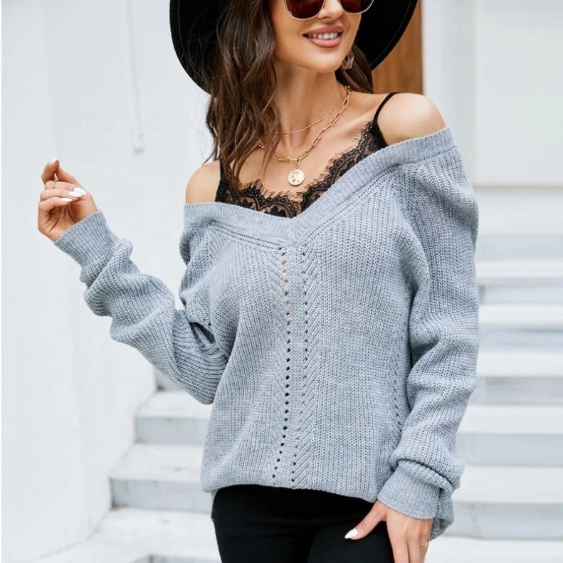 2022 Long-Sleeved Top Strapless Sexy V-Neck Sweater Lace Stitching Mid-Length Pullover