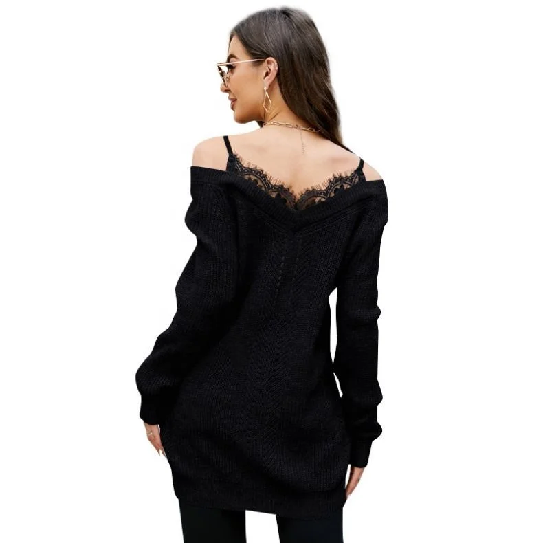 2022 Long-Sleeved Top Strapless Sexy V-Neck Sweater Lace Stitching Mid-Length Pullover