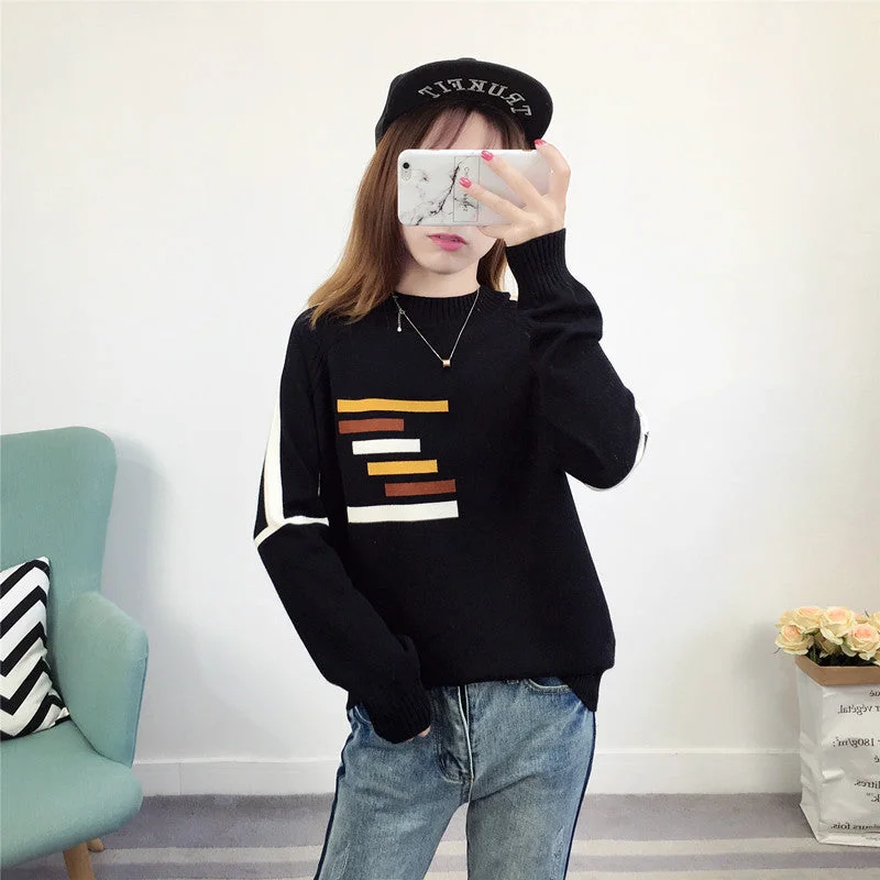 2022 NEW ARRIVAL Korean Style Crew Neck Patchwork Print Stripe Woman Sweater