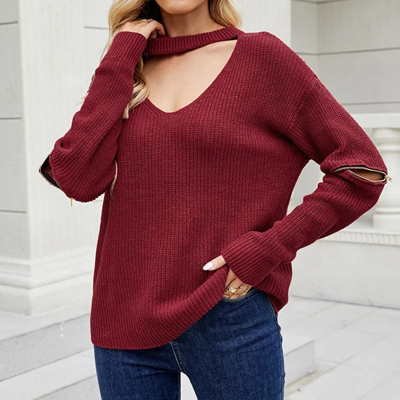 2022 New Autumn And Winter Knitwear Sleeve Zipper Solid Color V-Neck Halter Sweater For Women