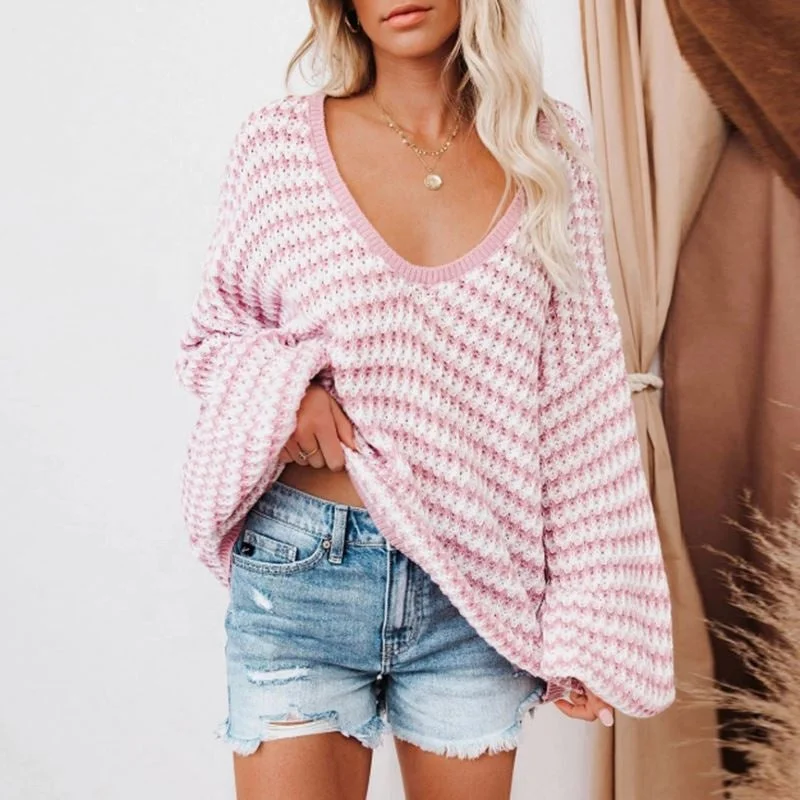 2022 Street Wave Striped Sexy Puff Sleeve Loose Knitted Sweater Pullover For Women