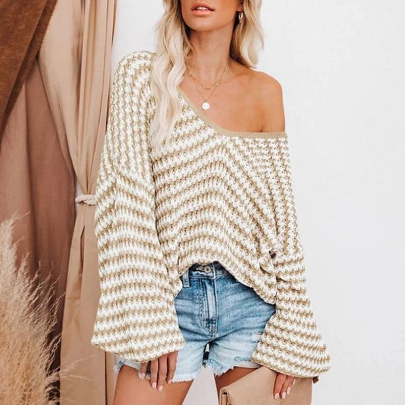 2022 Street Wave Striped Sexy Puff Sleeve Loose Knitted Sweater Pullover For Women