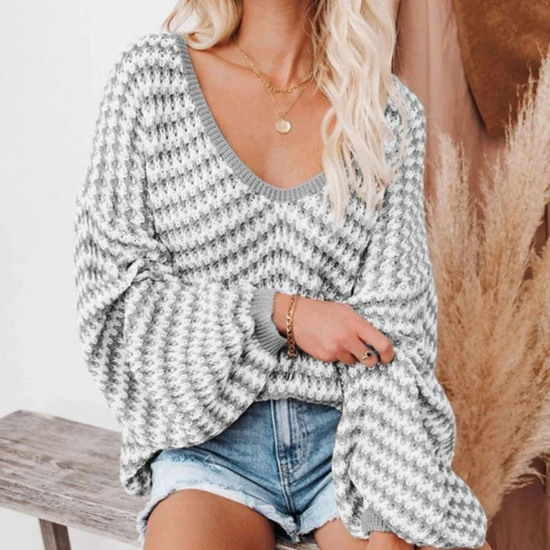 2022 Street Wave Striped Sexy Puff Sleeve Loose Knitted Sweater Pullover For Women