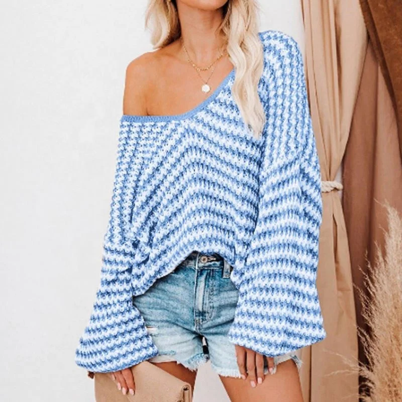 2022 Street Wave Striped Sexy Puff Sleeve Loose Knitted Sweater Pullover For Women