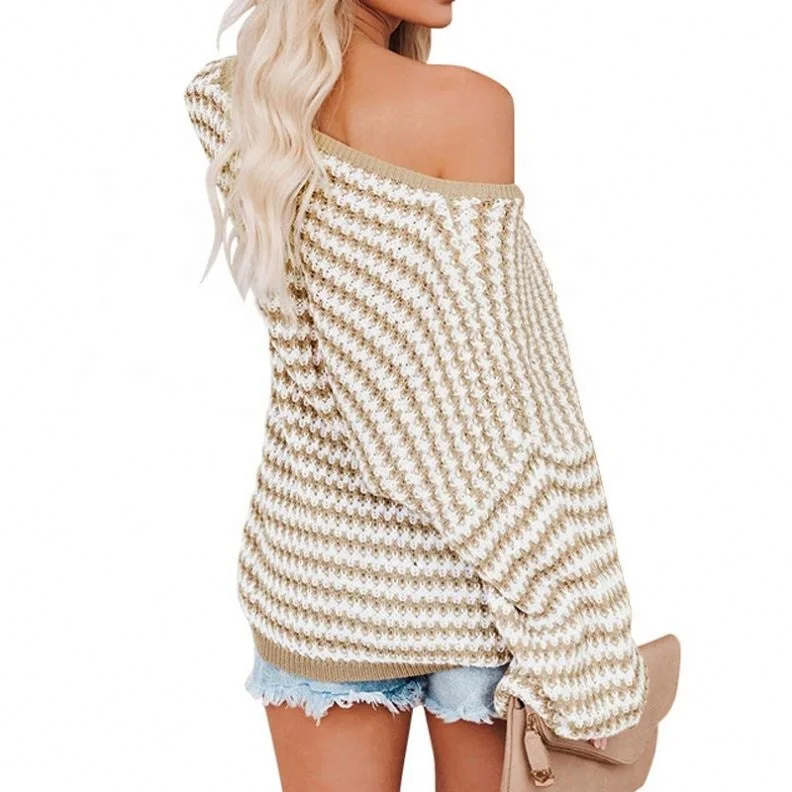 2022 Street Wave Striped Sexy Puff Sleeve Loose Knitted Sweater Pullover For Women