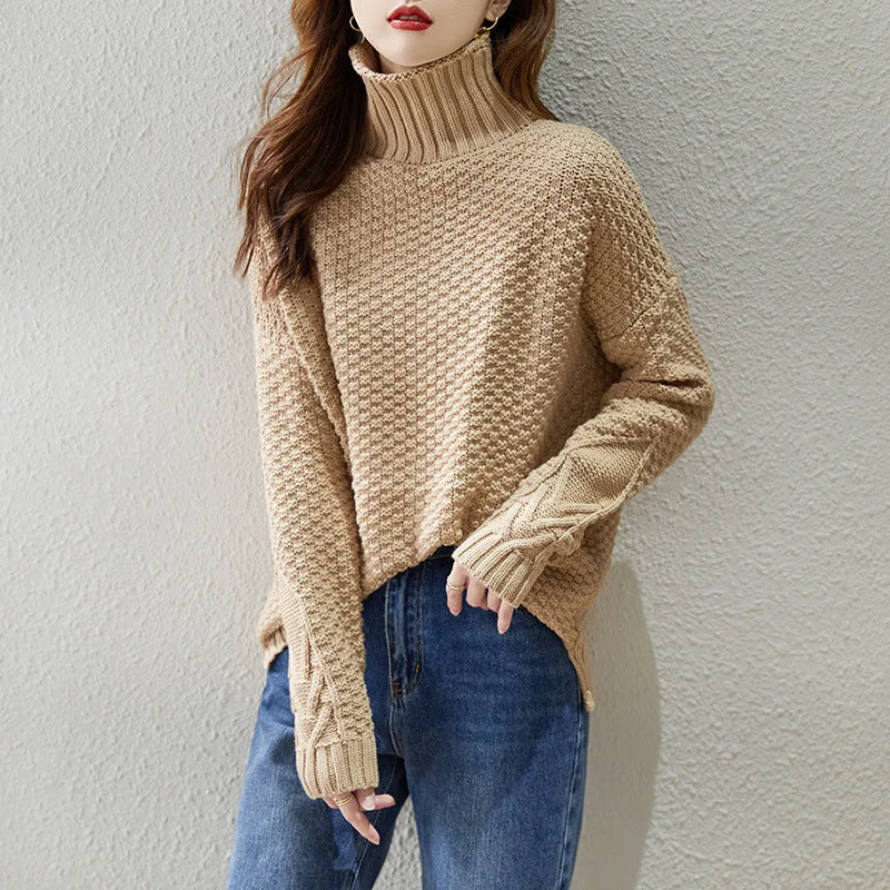 2022 Turtleneck Sweater For Women New Retro Loose Cotton Knitwear All-Match Long Sleeve Pullover Knitting Base Shirt