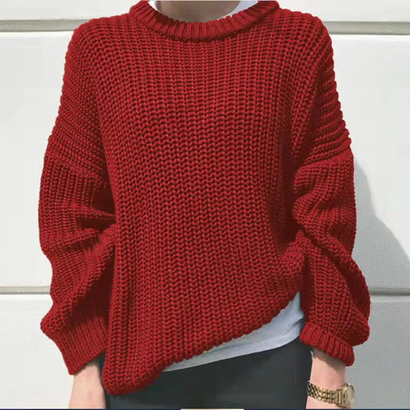 2022 Women's Clothing Street Casual Loose Solid Color Round Neck Long Sleeve Knitted Sweater Pullover