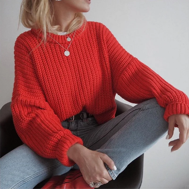 2022 Women's Clothing Street Casual Loose Solid Color Round Neck Long Sleeve Knitted Sweater Pullover