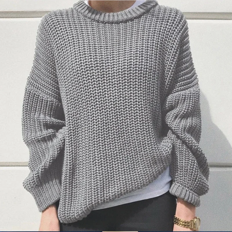 2022 Women's Clothing Street Casual Loose Solid Color Round Neck Long Sleeve Knitted Sweater Pullover