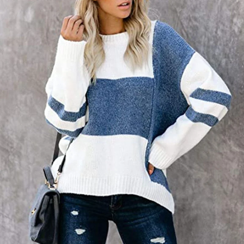 Autumn And Winter New Striped Retro European American Street Hipster Sweater Color Contrast Patchwork Round Neck Pullover