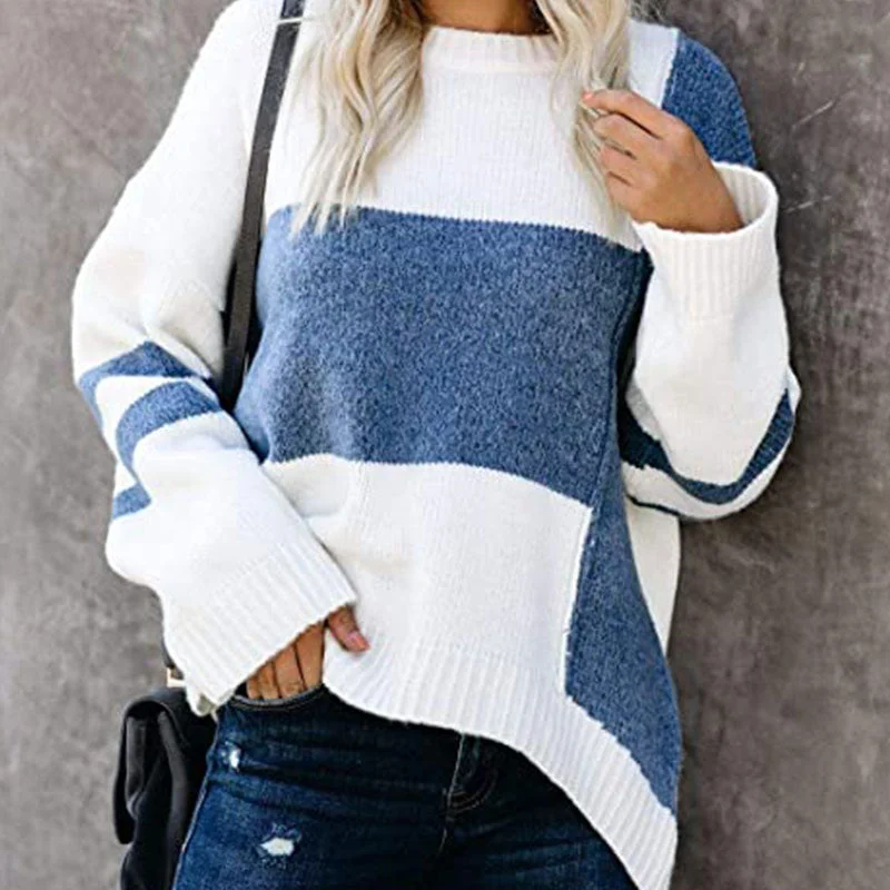 Autumn And Winter New Striped Retro European American Street Hipster Sweater Color Contrast Patchwork Round Neck Pullover