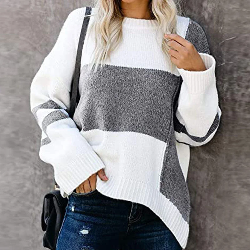 Autumn And Winter New Striped Retro European American Street Hipster Sweater Color Contrast Patchwork Round Neck Pullover