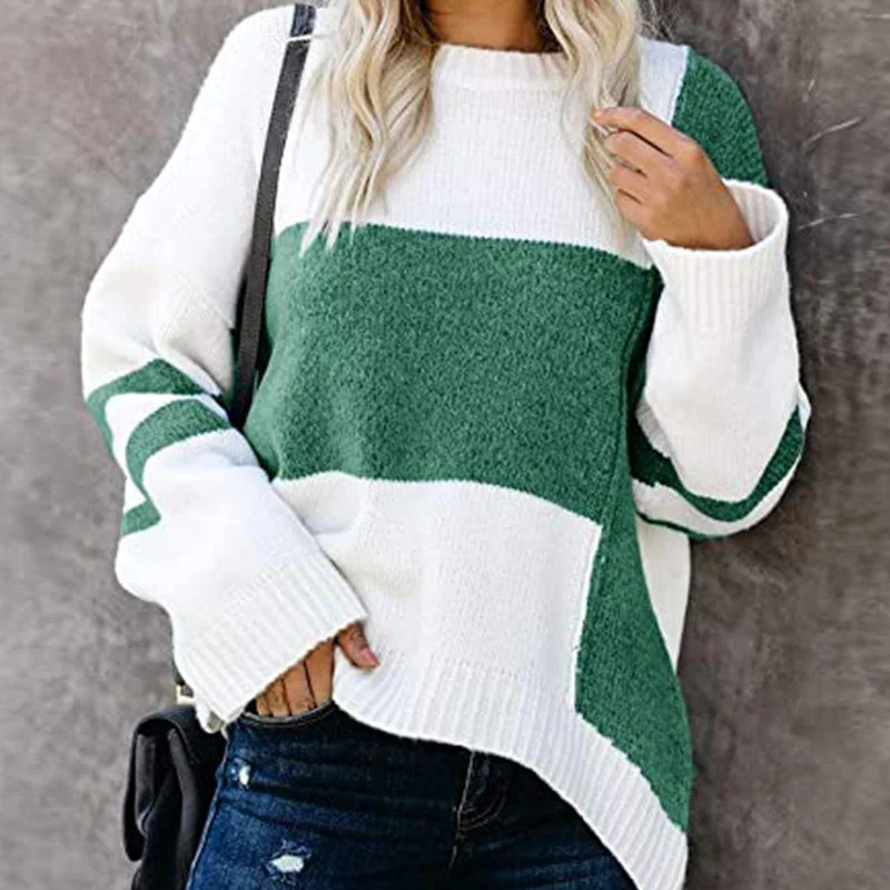 Autumn And Winter New Striped Retro European American Street Hipster Sweater Color Contrast Patchwork Round Neck Pullover