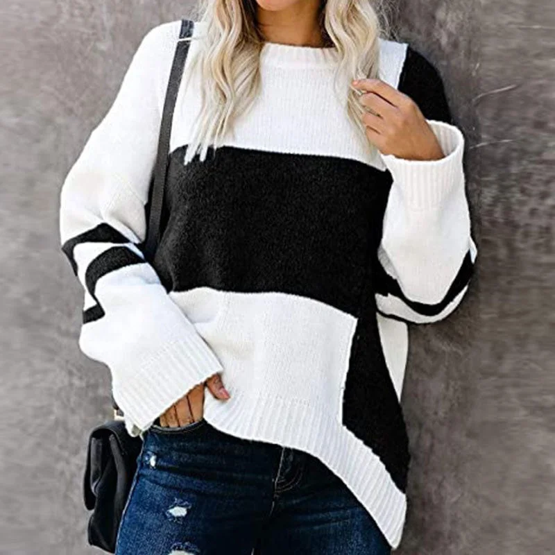 Autumn And Winter New Striped Retro European American Street Hipster Sweater Color Contrast Patchwork Round Neck Pullover