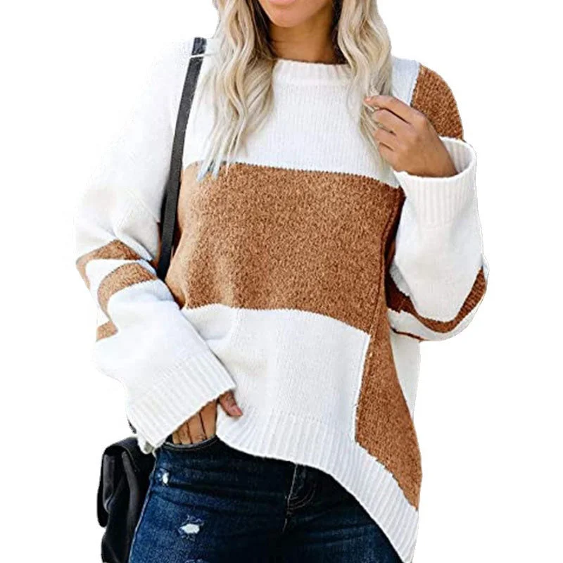 Autumn And Winter New Striped Retro European American Street Hipster Sweater Color Contrast Patchwork Round Neck Pullover