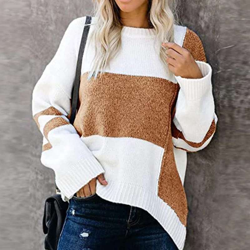 Autumn And Winter New Striped Retro European American Street Hipster Sweater Color Contrast Patchwork Round Neck Pullover