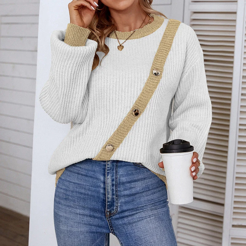 Autumn Vintage O Neck Patchwork Lantern Sleeve Button Trim Loose Pullover Knit Blouse Women Casual Daily Sweater Ladies