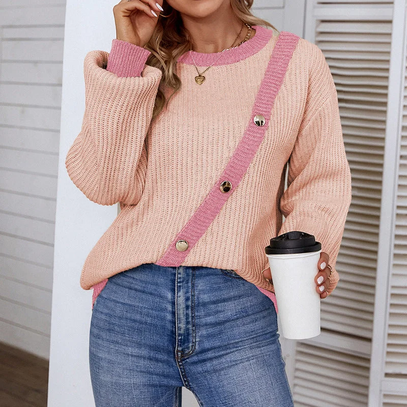 Autumn Vintage O Neck Patchwork Lantern Sleeve Button Trim Loose Pullover Knit Blouse Women Casual Daily Sweater Ladies