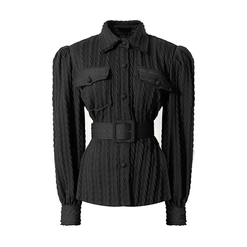 Autumn Women Vintage Corduroy Long Shirt With Belt High Waist Full Sleeve Blouse Button Up Outwear Female Casual Tops