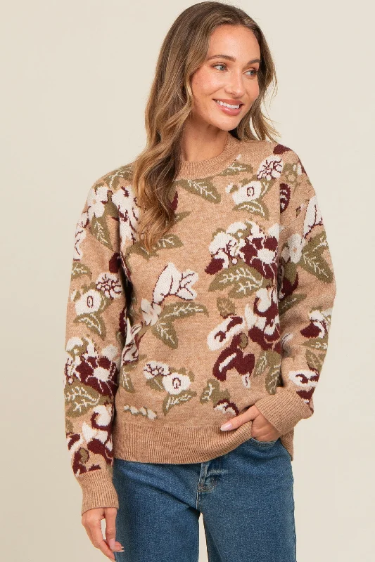 Beige Floral Print Crew Neck Sweater